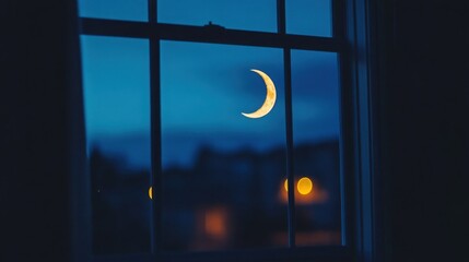 Moon Reflection Through Window with Night Sky and Urban Lights