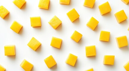 Colorful Arrangement of Bright Yellow Cubes on a White Surface, Showcasing a Playful Pattern for Food and Culinary Themes