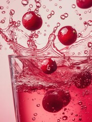 Cranberries splash into a vibrant pink beverage, creating a refreshing visual moment