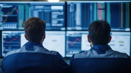 Asset management professionals reviewing predictive trend models on multiple screens, preparing for future market shifts