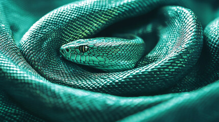 Fototapeta premium Emerald green snake coiled on soft fabric showcasing its scales and texture, representing the beauty of reptiles and nature, wildlife concept