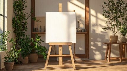 Blank canvas on easel in bright room with plants and natural light creating an inspiring atmosphere for creativity and artistic expression concept, copy space