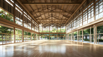Spacious Modern Hallway With Wooden Floors And Large Windows