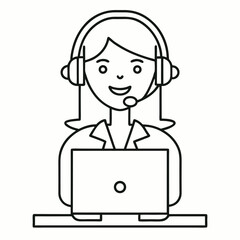 Cartoon  businessman character with headset working on laptop at office desk in call center coloring page