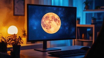 Fototapeta premium Bright Full Moon on Computer Monitor in Evening Room Setting
