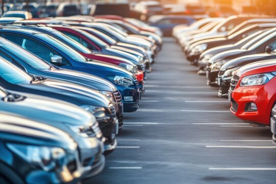 Fototapeta Wide car parking area with diverse vehicles aligned in an urban setting, representing rental services, transportation infrastructure, and the importance of car insurance for businesses and drivers.