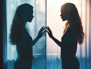 Silhouetted teen standing alone before a mirror with conflicting body image reflection. Emotional struggle and identity crisis, ideal for mental wellness, awareness, and eating disorder topics