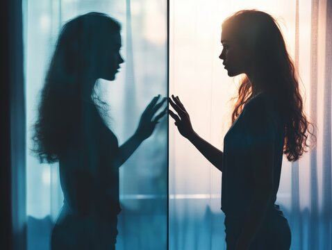 Silhouetted teen standing alone before a mirror with conflicting body image reflection. Emotional struggle and identity crisis, ideal for mental wellness, awareness, and eating disorder topics