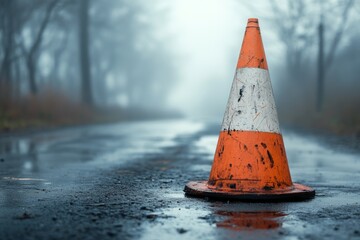 Orange and white traffic cone standing on a wet asphalt road in foggy weather conditions