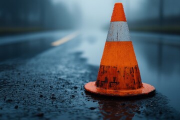 Close-up of an orange and blue traffic cone placed on wet asphalt, indicating a diversion or warning on a city street