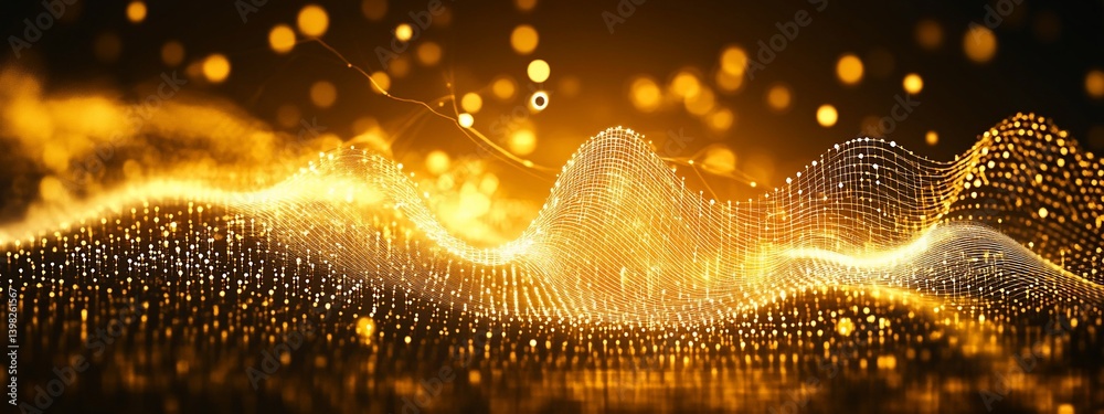 Wall mural golden abstract wave background with glowing particles and bokeh lights.