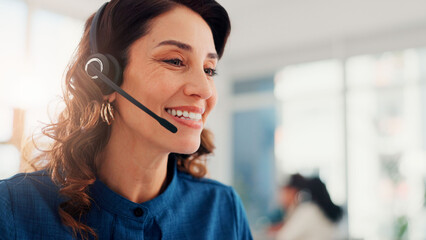Happy woman, call center and online communication with headset for assistance or virtual conversation at office. Female person, consultant or agent with smile for remote advice or telemarketing