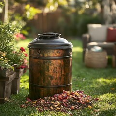 Outdoor decorative compost bin in a garden setting