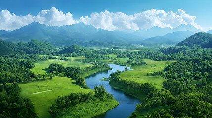 Aerial View Of Lush Green Valley With Winding River And Mountains