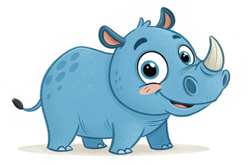 Fototapeta premium Cute Blue Rhino Character isolated on white background. A playful blue rhino cartoon character isolated on a white background, perfect for children s illustrations or educational designs