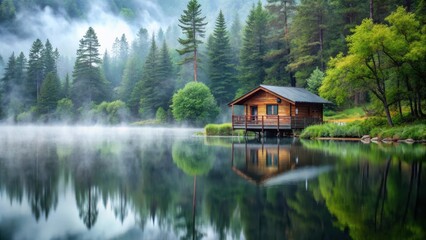 Fototapeta premium Serene Lakeside Cabin nestled amongst Misty Evergreen Forest reflected in tranquil water