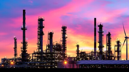 Obraz premium Vibrant Sunset Silhouette of Oil Refinery with Solar Wind Energy Integration
