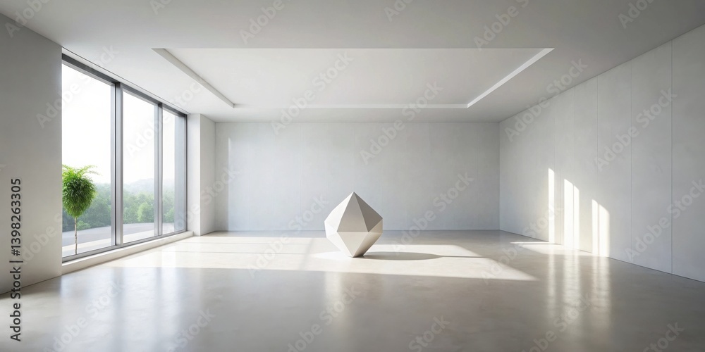 Poster empty room with large window, sunlight streaming in, featuring a minimalist geometric sculpture