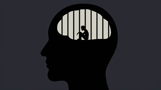 Mind's Confinement: Silhouette of a human head with a stylized brain, symbolizing the constraints of mental struggles and emotional imprisonment. A poignant visual exploring themes of confinement.