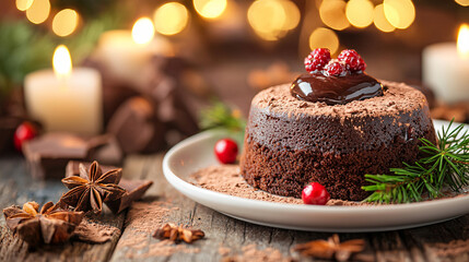 Festive Chocolate Cake with Raspberries and Holiday Candles