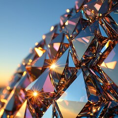Fototapeta premium Sparkling Facets of a Giant Crystal Gemstone at Sunset Abstract Luxury Background