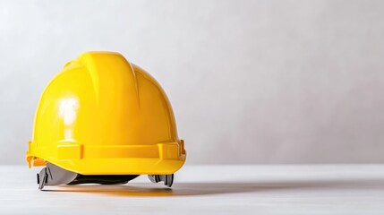 A bright yellow hard hat resting on a clean white surface, minimalist composition with soft lighting, and safety equipment concept.