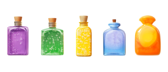 Colorful potion bottles with cork stoppers are presented in a row for cosmetic or magical advertising, isolated on transparent background.