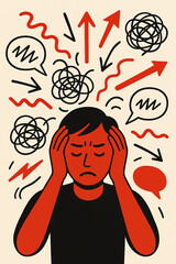 young man with headache, stress around the head