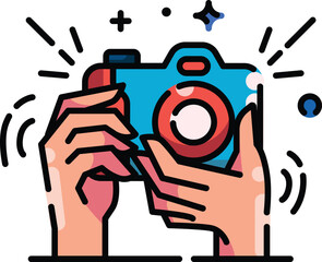 Hands holding a blue and red camera, taking a photograph