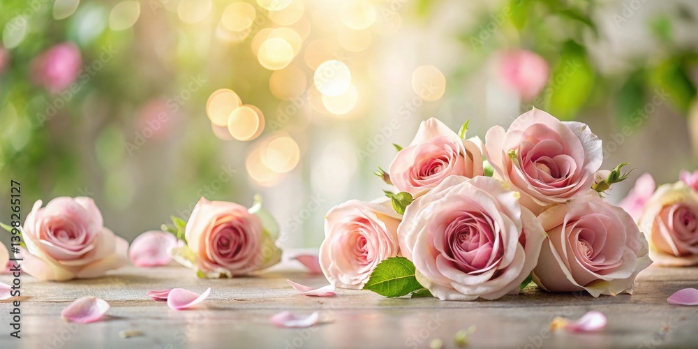 Poster a delicate bouquet of pale pink roses on rustic wooden surface with soft bokeh background