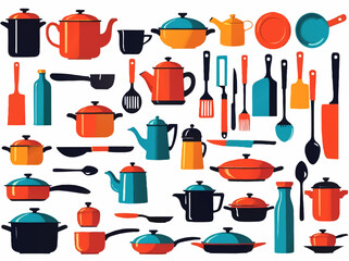 set of kitchen pottery and utensils cartoon vector illustration