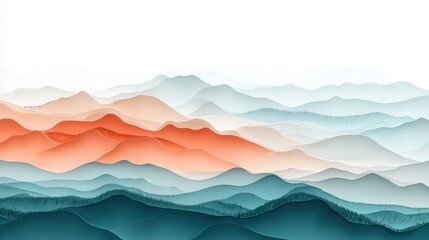 Create a panoramic landscape image of layered mountain ranges, rendered in a soft