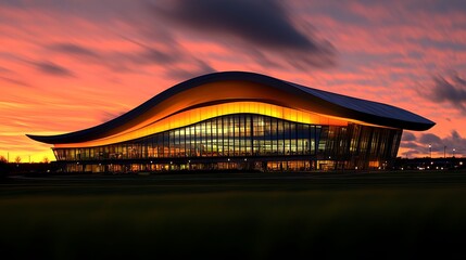 Obraz premium Modern Architecture at Sunset: A Stunning Building Silhouette Against a Vibrant Sky