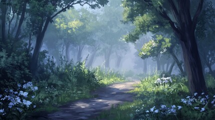 Obraz premium Misty forest path winding through lush green trees and undergrowth.