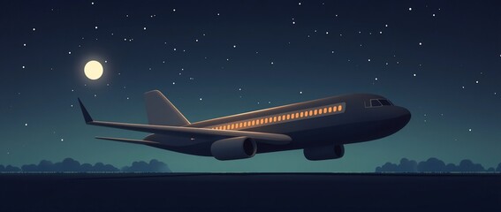 Airplane taking off at night under a starry sky and a full moon.