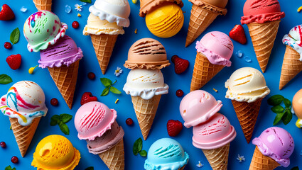 Vibrant ice cream cones against bright blue backdrop