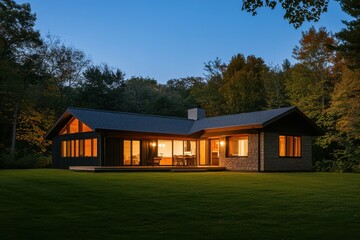 Obraz premium A contemporary forest retreat home comes alive at dusk, featuring expansive windows that frame the lush greenery of its tranquil surroundings