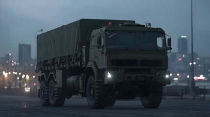 Obraz premium Military Cargo Truck In City At Night