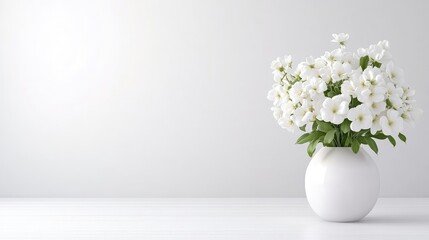 A white ceramic vase filled with delicate white flowers on a minimalist white table, soft lighting and clean background, and elegant floral arrangement.