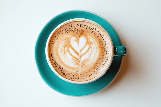 Aerial view of latte art in a cup on a teal saucer against white surface