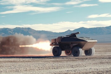 Naklejka premium Military vehicle launches rocket during test in arid landscape with mountains in background