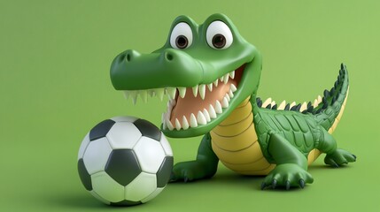 Playful cartoon crocodile with soccer ball.