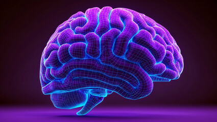 Vibrant neon wireframe brain in purple and blue