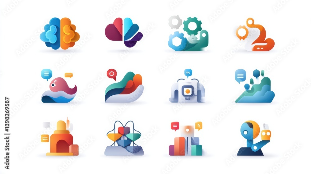 Poster ai icon set concept. flat design icon set with brain data flow and chatbot