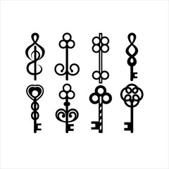 Vintage vector illustration set of key silhouettes and icons design with decorative ornament pattern.