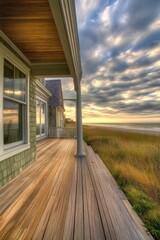 Fototapeta premium Sunset view from a wooden deck overlooking a serene beach landscape with clouds and grass in the foreground, showcasing the beauty of nature during twilight hours