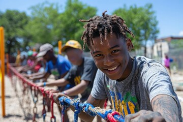 Smiling young boy playing at a playground