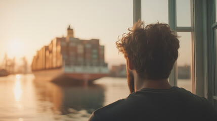 Man watches cargo ship from window at sunset
