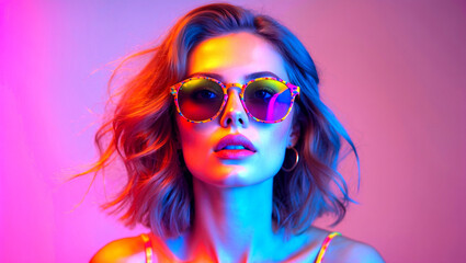 Fototapeta premium Vibrant portrait of a woman in colorful sunglasses