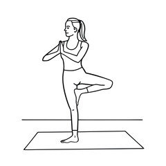 Woman Practicing Yoga In Tree Pose On Mat Outline Vector Illustration